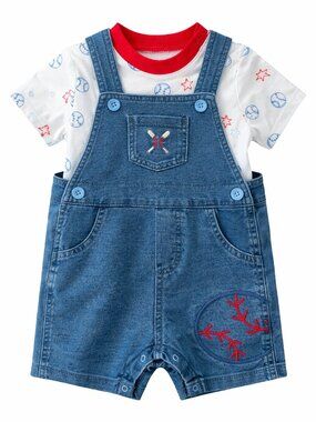 NWT Little Me Baby Boy 2 Piece Baseball Shortall Set Size 12 Months Denim Outfit